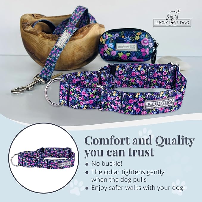 Lucky Love Dog Wide Martingale Dog Collar - No-Slip, Durable, & Soft Webbing 1.5 inch Martingale Collar for Dogs Male and Female Ideal for Training & Walking - Primrose, Large