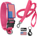 Tactical Dog Collar and Bungee Leash,Military Dog Collar & Leash Set with USA American Flag Adjustable K9 Collar with Heavy Duty Metal Buckle & Handle,with Patches and Airtags Case (Pink, M)
