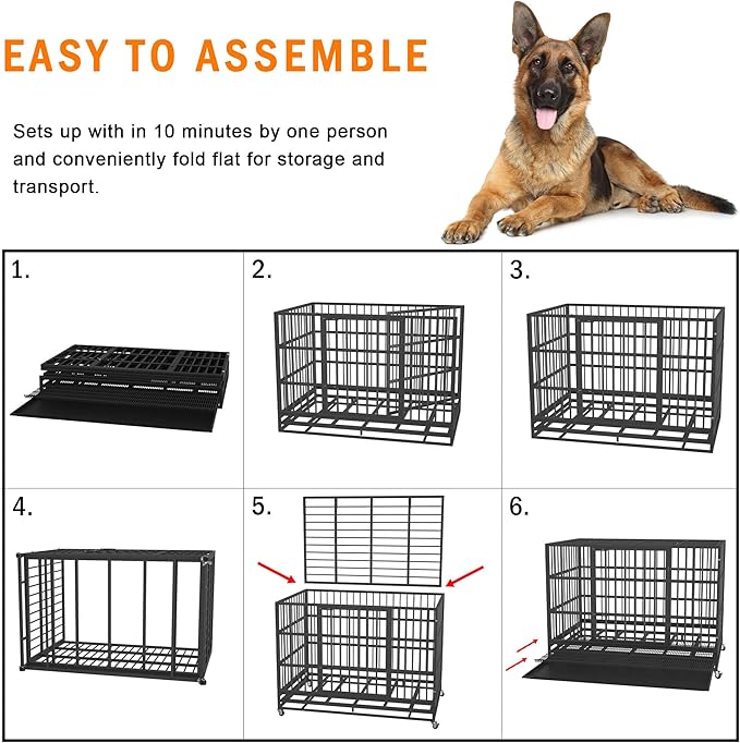 42 inch Heavy Duty Indestructible and Escape-Proof Dog Crate Cage Kennel for Large Dogs, High Anxiety Dog Crate with Removable Wire Trays and Wheels, Extra Large XL XXL, Black