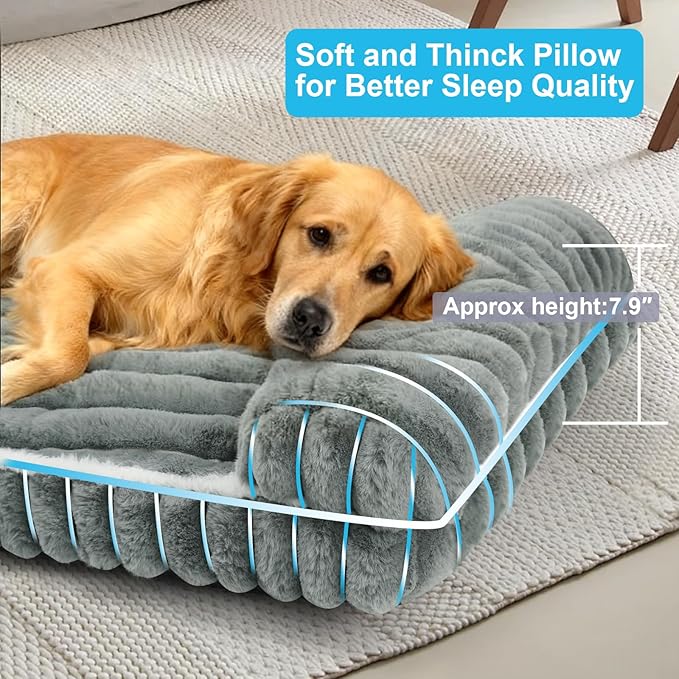 Comfort Dog Beds for Extra Large Dogs,Dog Bed with Removable Washable Cover, Deluxe Plush Dogs Bed for Crate with Pillow, Anti-Slip Pet Mat Mattress for Kennel with Durable Zipper(Grey,XL)