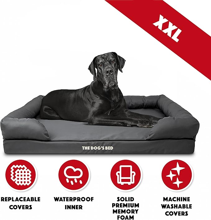 The Dog’s Bed Orthopedic Memory Foam Dog Bed with Bolsters, Oxford Fabric, Grey with Black Trim, XXL