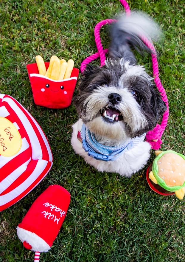 Glow Pups Dog Toys, Squeaky Plush Food Parody Dog Toy with Fun Fast Food Design, Durable Plush Material for Small to Medium Dogs (3 Pack: Hamburger, Fries, Milkshake) - Red