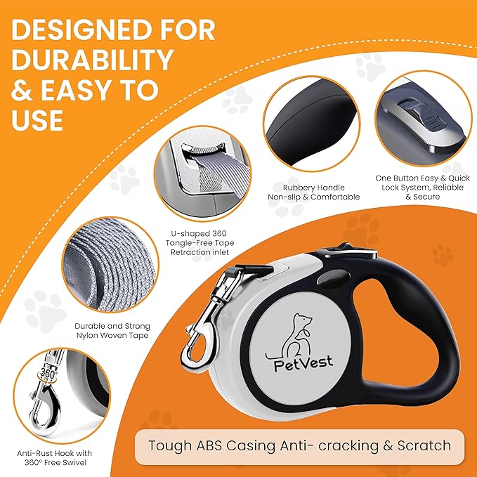 Dual Retractable Dog Leash – 16 FT Tangle-Free Leash for 2 Dogs, Detachable for Single Use, One-Button Brake & Lock, Up to 77 lbs Each, 360° Swivel, Non-Slip Handle + Poop Bag Holder
