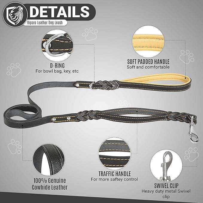 Riparo Leather Dog Leash 6ft with 2 Handles Padded Handle for Control, Leather Dog Leashes for Small Medium Breed Dogs Training Walking Leather Leashes for Dogs (Black/Orange Thread, M: 1/2" x6ft)