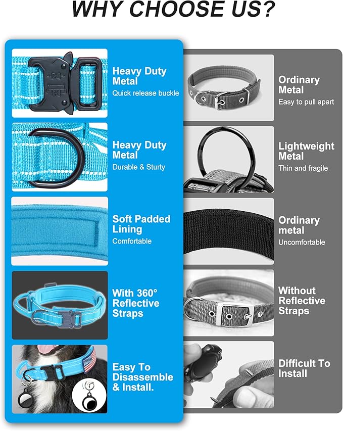 AUBELL Reflective Tactical Dog Collar,Adjustable Military Heavy Duty K9 Collars with Handle and Quick Release Metal Buckle Great for Extra Large Dogs, with Airtag Case and 2 Patches (Blue,XL)