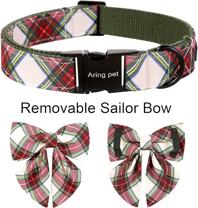 ARING PET Christmas Dog Collar, Cute Xmas Pet Collar with Sailor Bowtie Red and Green Plaid Bow Tie Collars with Metal Buckle for Puppy Small Medium Large Boy Girl Dogs-M