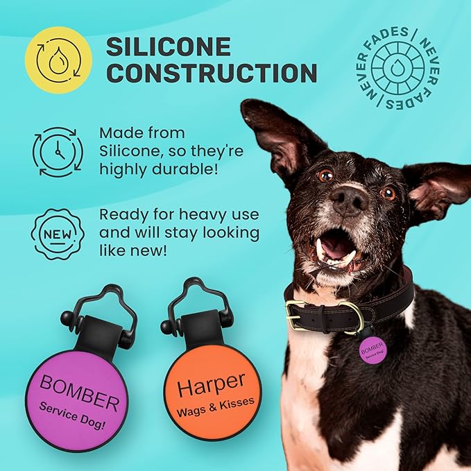 SiliDog - The Original Silicone Silent Dog Tag - Personalized Engraved Soundless Pet ID - As Seen On Shark Tank - Durable - Never Fades - Mini-Circle - Purple