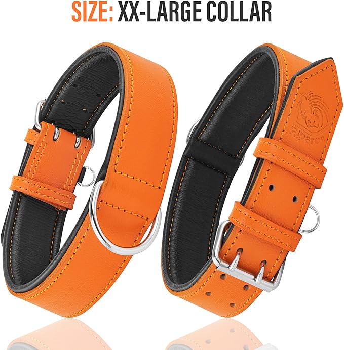 Riparo Extra Wide Leather Dog Collar - Heavy Duty Wide Dog Collar for Small, Medium, Large and Extra Large Dogs with Dog Tag Holder (XXL: 2” Wide for 24”-29” Neck, Orange)