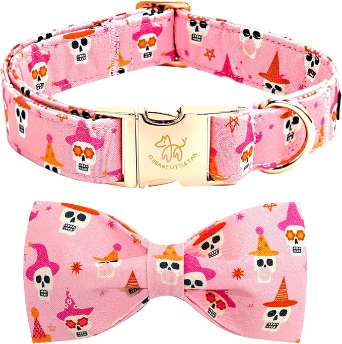 Elegant little tail Halloween Dog Collar, Skull Print Pet Collars with Bow Puppy Collar Bowtie Female or Male Cotton Adjustable Collars for Small Medium Large Dogs