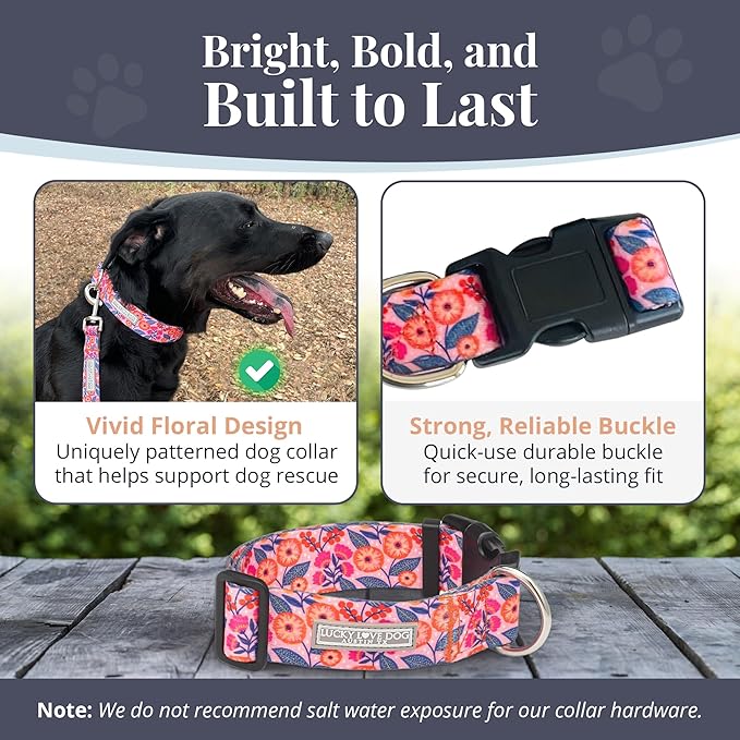 Lucky Love Dog Wide Dog Collar - Adjustable, Durable, Soft Webbing, & Comfortable 1.5 inch Wide Collar with Strong Buckle for Dogs Male and Female with Strong Buckle - Rosie, Medium