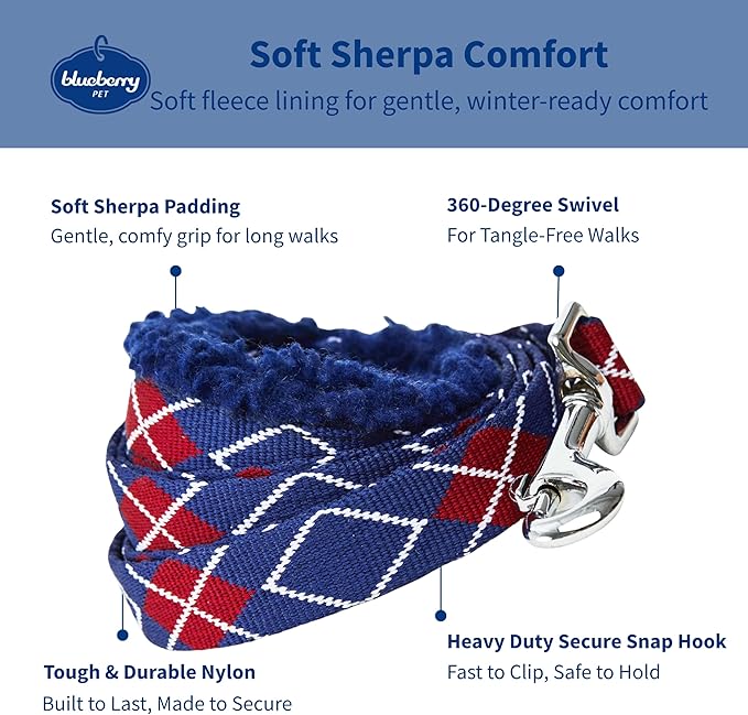 Blueberry Pet Scottish Argyle Fleece Padded Dog Leash with Soft & Comfortable Handle, 4 ft x 1", Royal Blue, Large, Leashes for Dogs