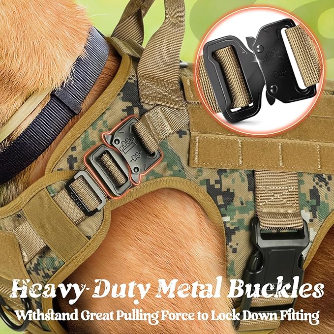 rabbitgoo Tactical Dog Harness for Large, Heavy Duty Pet Harness with Handle, No-Pull Service Vest Large Breed, Adjustable Military Dog Vest for Training Hunting Walking, Brown Camo, L