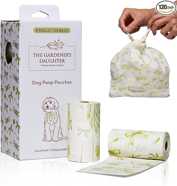 The Gardener’s Daughter Home Compostable Dog Poop Bags - 20 Micron Extra Thick (33% Thicker) - Lavender Scented, 120 Count - TÜV & OK Home Certified - Leak-Proof - Elegant White with Green Ribbon