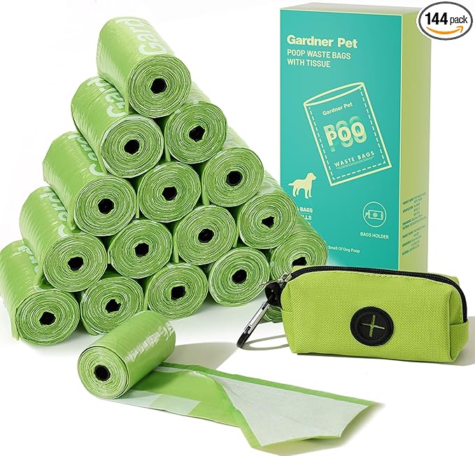 Gardner Pet Dog Poop Bags Rolls with Tissue, Pine Scented Poop Bags with Dispenser, Leak Proof Pet Waste Bags with Tissue Design, Reduce Touch Feeling, 18 Rolls-144 Counts