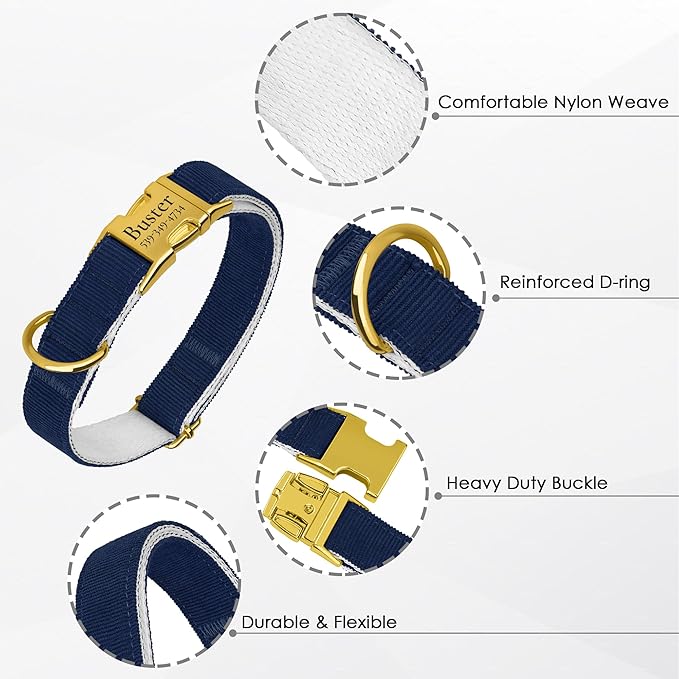 Personalized Dog Collar with Gold Metal Buckle, Velvet Custom Dog Collars for Small, Medium & Large Dogs – Puppy Collars with Metal Buckle, 4 Sizes, 8 Colors (Blue, XL, 19"-24")