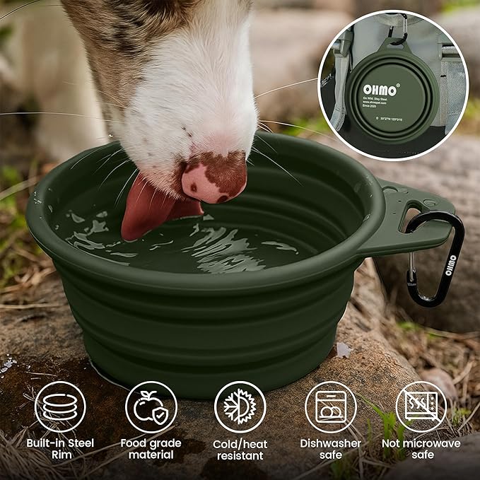 OHMO Collapsible Dog Water Bowls w/Built-in Stainless Steel Ring – 2pcs Large 27oz/800ml Portable Silicone Pet Feeding Bowl for Hiking, Camping, Travel