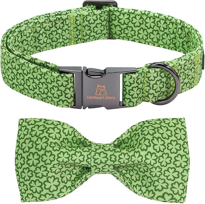 Lionheart glory St. Patrick's Day Dog Collar with Bowtie - Cute Lucky Clover Shamrock Dog Bow Collar, Soft Adjustable Collars Green Spring Trefoil Collars Bowtie for Large Dogs