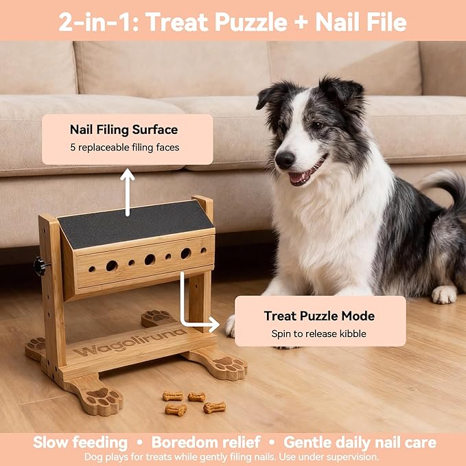 Interactive Dog Nail Scratch Board & Treat Puzzle Toy, 2-in-1 Adjustable Bamboo Feeder for Small Medium Large Dogs, Stress-Free Nail File Alternative (Includes 80/180 Grit Sandpaper)