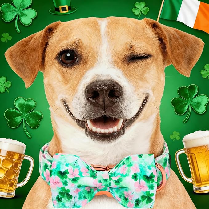 Lionheart glory St. Patrick's Day Dog Collar with Bowtie - Lucky Clover Shamrock Dog Bow Collar for X-Small Dogs Puppy Green Pink Spring Trefoil Collars Bow Soft Adjustable Collars