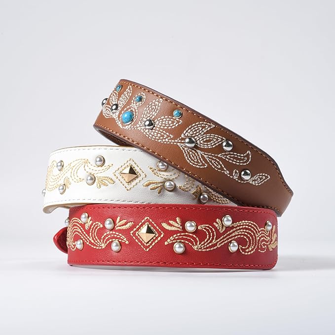 Blueberry Pet Western Leather Dog Collar - Genuine Leather with Floral Embroidery & Pearl Studs Adjustable 12-15 Inch Neck for Small Dogs, Comfortable and Stylish Pet Collar