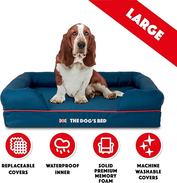 The Dog’s Bed Orthopedic Memory Foam Dog Bed with Bolsters, Oxford Fabric, Blue with Dark Red Trim, Large