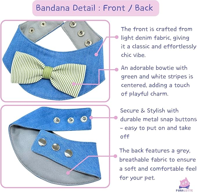 Denim Dog Bandana – Striped Bowtie, Soft & Durable Pet Scarf with Adjustable Metal Snap Buttons for Dogs & Cats (Green, Small)