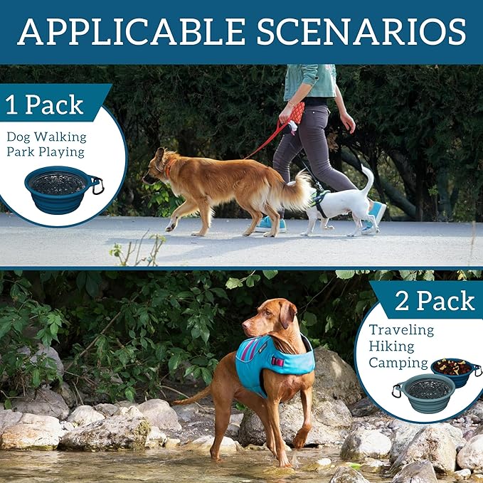 OHMO Collapsible Dog Water Bowls w/Built-in Stainless Steel Ring – 2pcs Large 27oz/800ml Portable Silicone Pet Feeding Bowl for Hiking, Camping, Travel