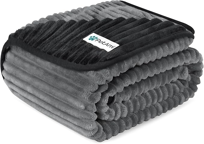 PetAmi Waterproof Dog Blanket, Leakproof Pet Blanket for Small Medium Large Dogs, Reversible Furniture Bed Sofa Couch Cover Protector, Plush Striped Pet Throw for Indoor Cat, 29x40 in, Black Grey