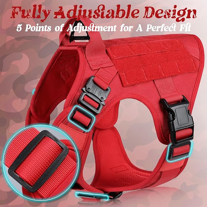 rabbitgoo Tactical Dog Harness for Large, Heavy Duty Pet Harness with Handle, No-Pull Service Vest Large Breed, Adjustable Military Dog Vest for Training Hunting Walking, Red, L