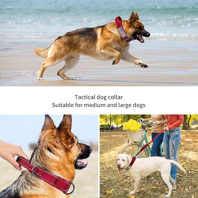Annchwool Tactical Dog Collar for Medium and Large Dog,Adjustable Military Dog Collar with Soft Padded Handle,Heavy Duty Double Buckle Design(Red,M)