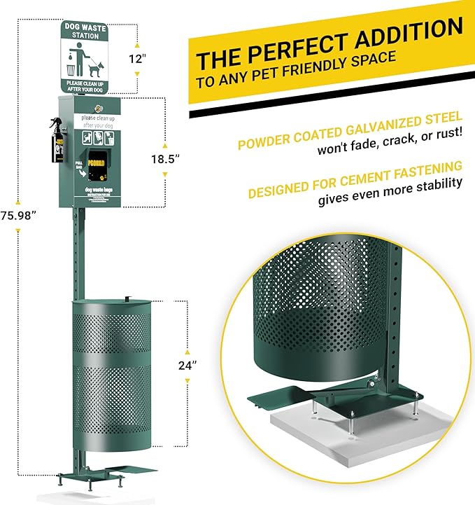 Dog Waste Station with Foot Pedal, 400 Bags, 50 Can Liners, Glow in the Dark Sign, Bag Dispenser, Hand Sanitizer, Outdoor Trash Can