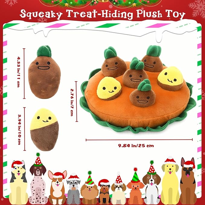 Skylety 7 Pcs Interactive Sweet Potato Dog Toy Set Snuffle Toy with Treat Hiding Puzzle and Squeaky Plush, Durable Vegetable Dog Toys for Small Medium Dogs, Training and Boredom Relief Plaything