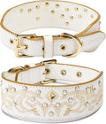 Blueberry Pet Western Genuine Leather Dog Collar for Medium Breeds, Pearl White - Floral Embroidery, Pearl Studs, Adjustable 15-18 Inch Neck, Dog Collars for Medium Dogs