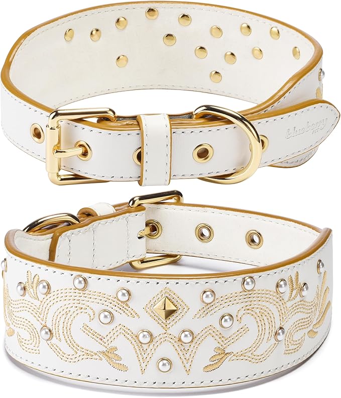Blueberry Pet Western Dog Collar in Pearl White - Genuine Leather Dog Collars for Medium Dogs & Large Dogs with Floral Embroidery, Adjustable 18-22 Inch, Cowboy Style, Pearl Studs
