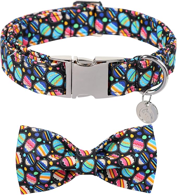 DOGWONG Easter Day Dog Collar-Cute Black Easter Dog Collar with Bow, Cotton Eggs Dog Collars with Metal Buckle for Small Medium Large Dogs