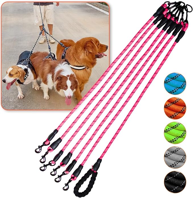 Six Dog Leash No Tangle Triple for 6 Dogs,360 Swivel No Tangle Walking Leash for 6 Dogs with Reflective for Large Medium Small Dogs (Pink, 6 Way)