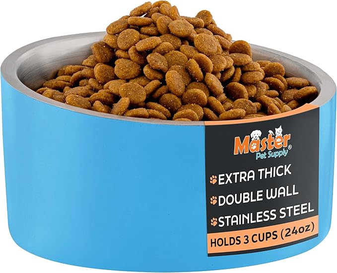 Master Pet Supply Stainless Steel Slanted Dog Cat Food Bowl - 24 oz Heavy Duty - True Blue, Double Wall Insulated, Non-Slip Elevated Bowl for French Bulldogs Pugs Cats, Anti Rust Dishwasher Safe