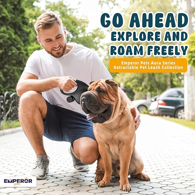 Emperor Pets 26 ft Retractable Dog Leash Black - Heavy Duty Retractable Pet Leash with Anti-Slip Grip for Medium to Large Dogs up to 110 lbs -Aura BB26
