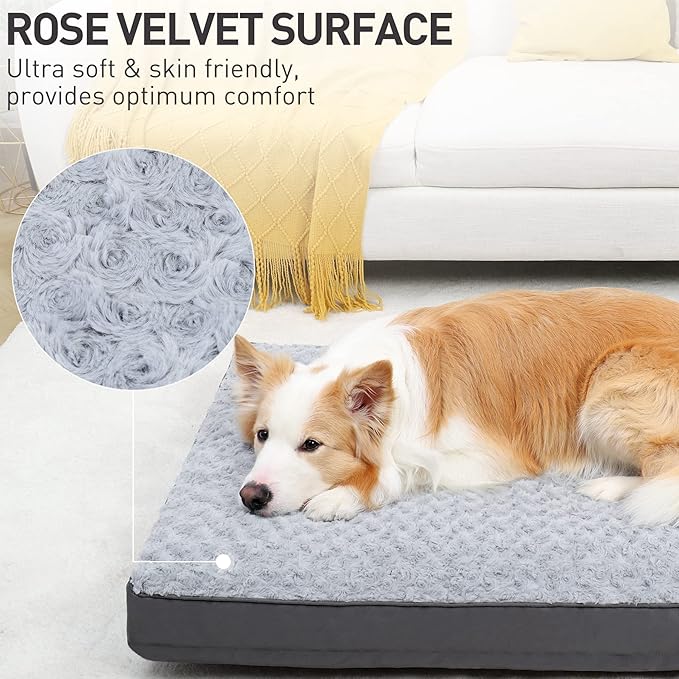 KSIIA Dog Crate Bed Waterproof for Large Dogs - Rose Velvet Soft Fluffy Washable with Removable Cover & Anti-Slip Bottom, 41 x 27 Inch, Light Gray