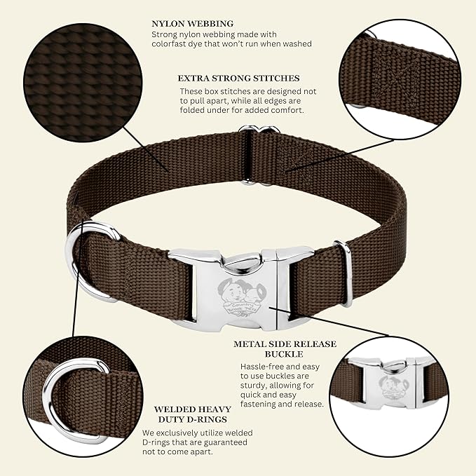 Country Brook Petz - Premium Nylon Dog Collar with Metal Buckle for Small Medium Large Breeds - 10+ Warm Colors (Small, 3/4 Inch, Brown)