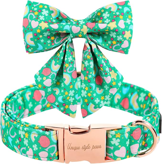 Unique style paws St. Patrick's Day Dog Collar with Tie Rainbow Clover Heart Puppy Collar for Small Medium Large Boys Girls-XL