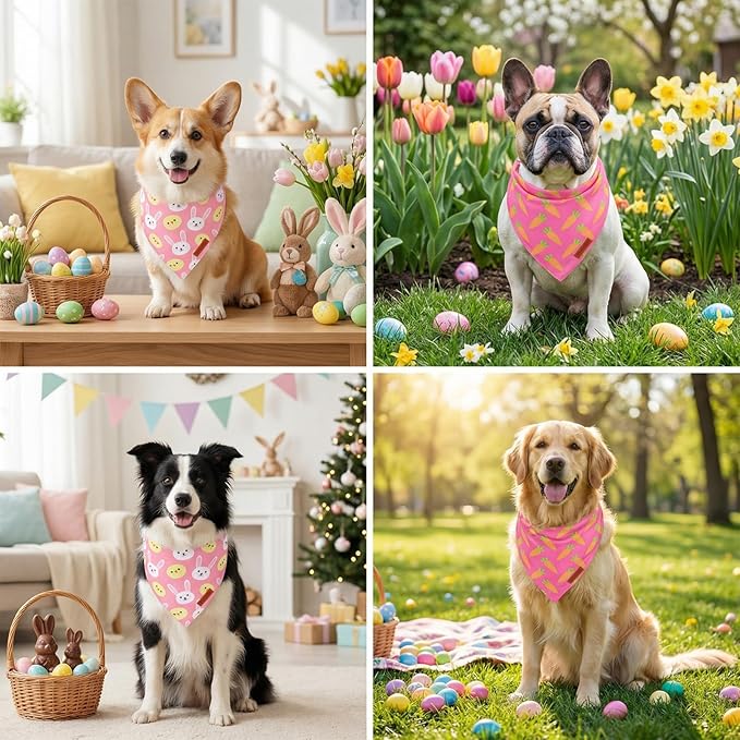 PTDECOR Easter Dog Bandana, Rabbit Carrot Dog Scarf, Premium Durable Fabric, Pink Female Easter Bandanas for Small Dogs Pets (Small)