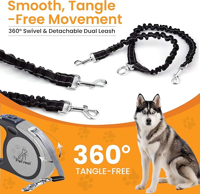 Dual Retractable Dog Leash – 16 FT Tangle-Free Leash for 2 Dogs, Detachable for Single Use, One-Button Brake & Lock, Up to 77 lbs Each, 360° Swivel, Non-Slip Handle + Poop Bag Holder