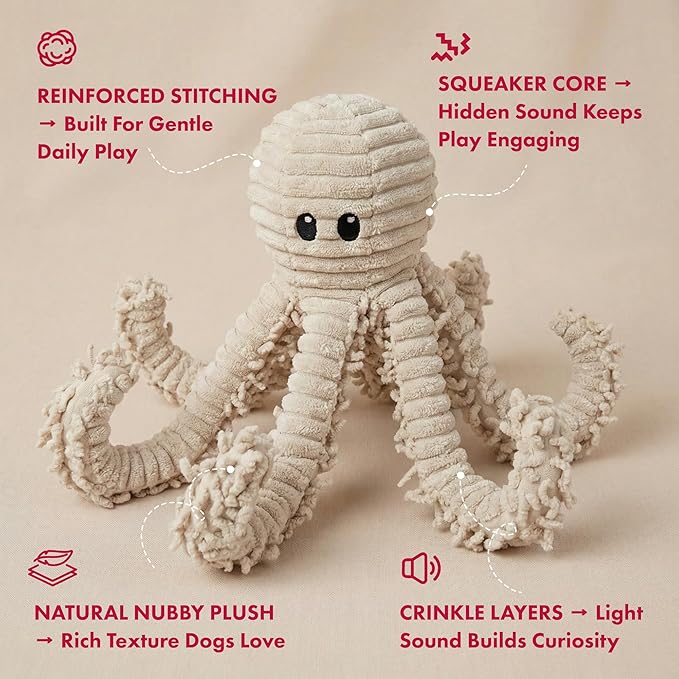 Pet Lou 100% Natural Nubby Plush Dog Toy with Squeaker and Crinkle Paper, Durable Octopus Plush Squeaky Toy for Indoor and Outdoor Play, Large 18 Inch