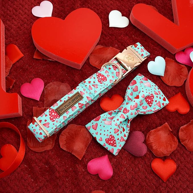 Elegant little tail Valentine's Dog Collar, Cute Pink Heart Pet Collars with Bow Soft Dog Collar Female or Male Adjustable Cotton Pet Collars for Small Medium Large Dogs