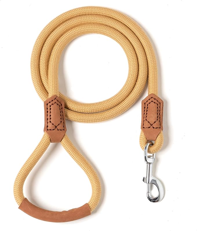 Mile High Life | Premium Leather Handle Dog Leash | Strong Rope Leash | Zinc Alloy Strong Clasp | Small Medium Large Dogs | 4/5/6 Feet(Yellow, 48 Inch (Pack of 1))