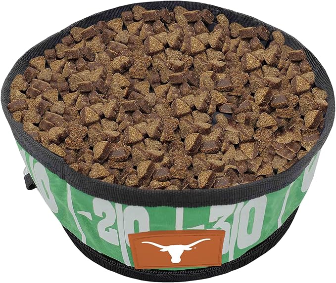 Pets First NCAA Texas Longhorns Collapsible Dog Travel Bowl, Food and Water Bowl for Dogs & Cats. Lightweight Leak-Proof Pet Bowl for Travel with Football Field & Pebble-Grain Design