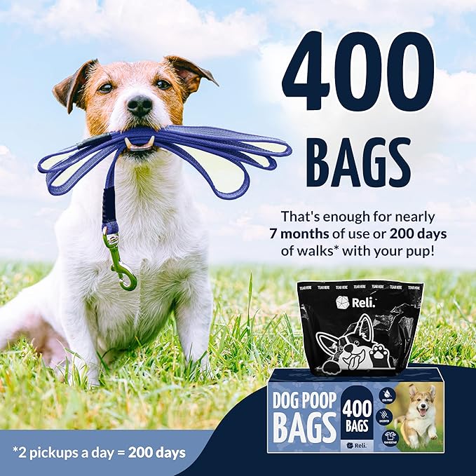 Reli. Dog Poop Bags (400 Bags - Large Single Roll) | Dispenser Box | 9x13" Large Doggie Poo Sack | Use for Yard Pickup | Bulk Single Roll | Unscented, Leak Proof (Black)