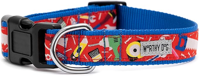 THE WORTHY DOG Collar for Small Dogs, Adjusts 9-15 inches, Durable Nylon Webbing, Quick Release Buckle, Tools Pattern, Red, Small