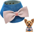 Denim Dog Bandana – Striped Bowtie, Soft & Durable Pet Scarf with Adjustable Metal Snap Buttons for Dogs & Cats (Red, Small)
